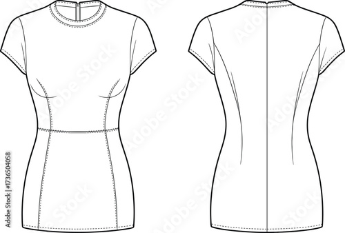 Fitted short sleeve top technical flat fashion sketch with crew neckline, dart seams, waist seam detail, and back zipper closure