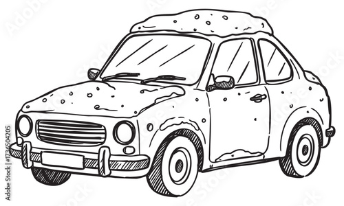 Hand-drawn snow-covered classic car illustration – retro hand drawn illustration