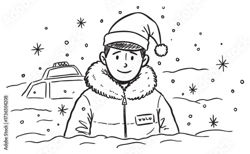 Asian young male in winter jacket standing in snowy scene with car – retro hand drawn illustration