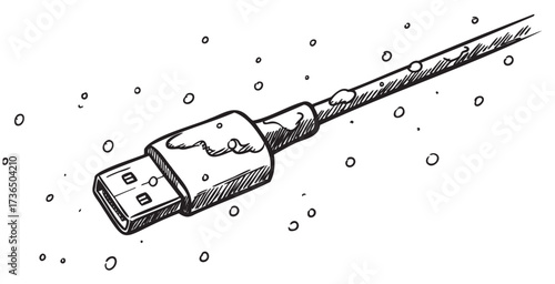 Hand-drawn usb cable with snowflakes in black and white ink sketch – retro hand drawn illustration