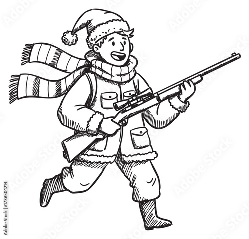 Festive cartoon character in winter clothing carrying a rifle – retro hand drawn illustration
