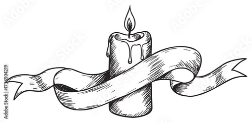 Artistic sketch of lit candle with flowing ribbon in black and white – retro hand drawn illustration