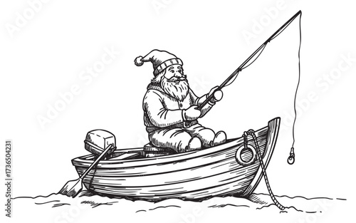 Santa claus fishing in a rowboat with fishing rod – retro hand drawn illustration