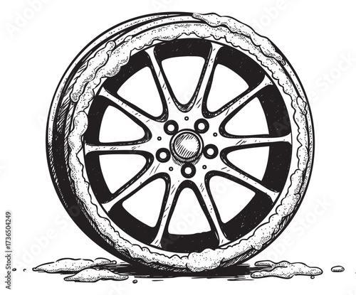 Detailed black and white car wheel sketch with snow accumulation – retro hand drawn illustration