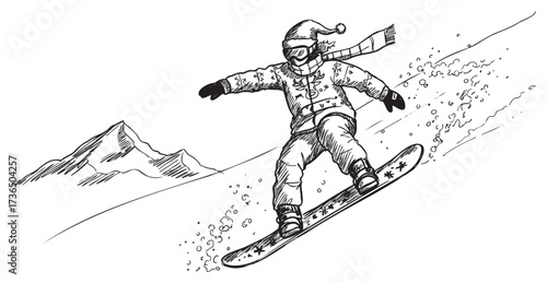 Snowboarding santa claus on a winter mountain adventure – retro hand drawn illustration