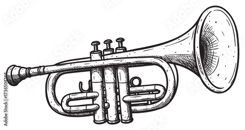 Detailed black and white sketch of a classic trumpet with valves and mouthpiece – retro hand drawn illustration