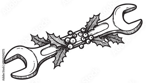 Hand-drawn wrench with holly and berries in festive decor – retro hand drawn illustration