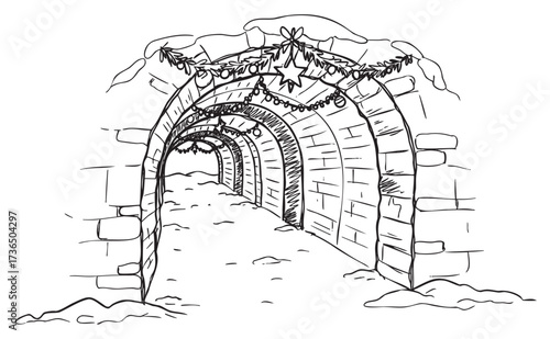 Festive stone tunnel decorated with christmas lights and snow – retro hand drawn illustration