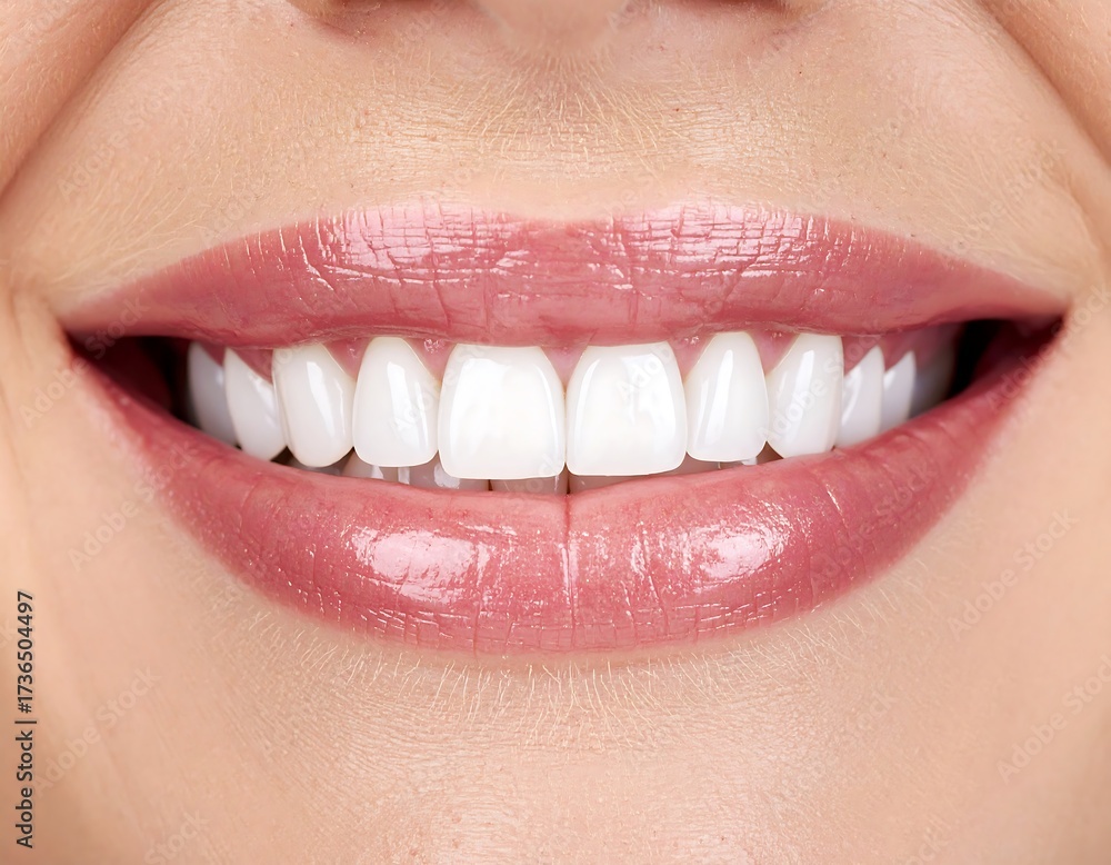 Obraz premium Close-up of a beautiful woman's perfect smile with healthy white teeth and glossy pink lips.