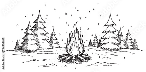 Winter forest scene with campfire and snowflakes – retro hand drawn illustration