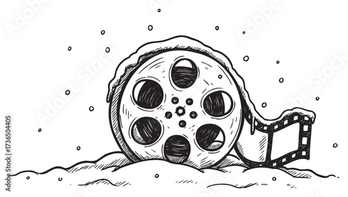 Vintage film reel in snowy landscape - hand-drawn illustration of cinematic icon – retro hand drawn illustration