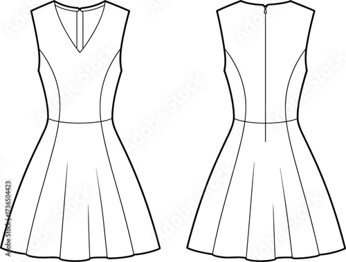 Front and back technical fashion flat of sleeveless flared dress with fitted waist, princess seams, V-neck front, and zipper back
