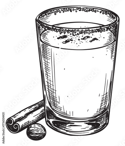 Black and white sketch of a glass of milk with cinnamon and nutmeg – retro hand drawn illustration