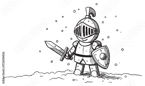 Cute cartoon knight with sword and shield in snowy scene – retro hand drawn illustration