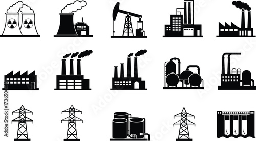 A vector set of industrial building silhouettes for icon and illustration design showing factory, power, oil, and construction architecture in black