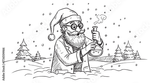 Elderly caucasian male scientist in santa hat experimenting in snowy winter landscape – retro hand drawn illustration