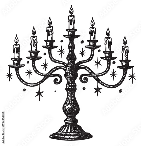 Vintage candelabrum with seven lit candles and stars in retro style – retro hand drawn illustration