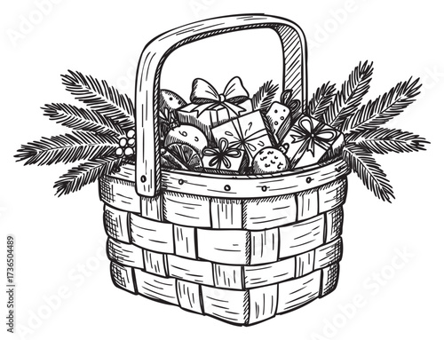 Festive basket with pine branches and wrapped gifts in black and white drawing – retro hand drawn illustration