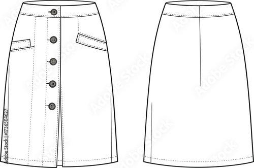 Front button A-line skirt fashion flat sketch with side pockets and back seam technical vector apparel drawing illustration