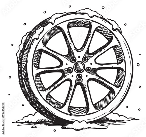 Snow-covered car wheel with snowflakes in a winter scene – retro hand drawn illustration