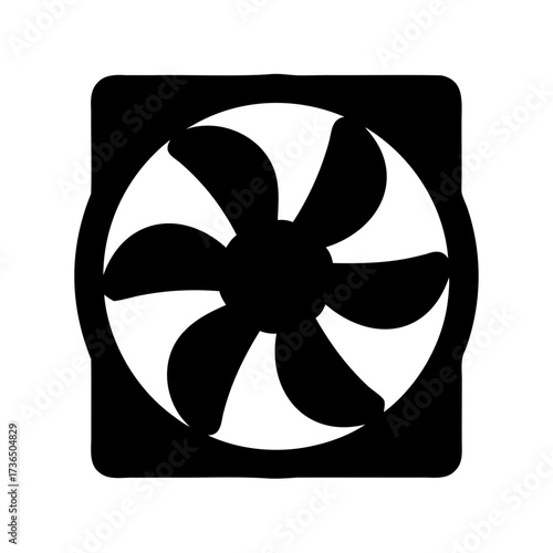 Stylized computer case fan with six blades design, in black and white