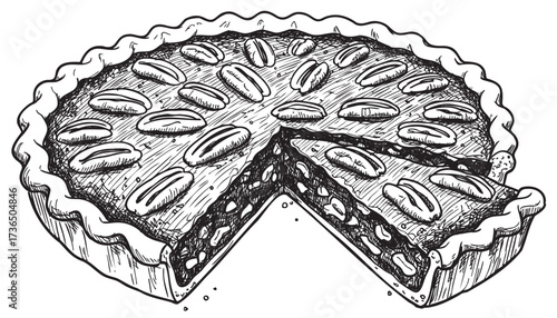 Delicious pecan pie with sliced piece showing nutty filling and crust – retro hand drawn illustration