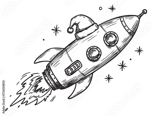 Festive holiday rocket wearing santa hat in space theme drawing – retro hand drawn illustration