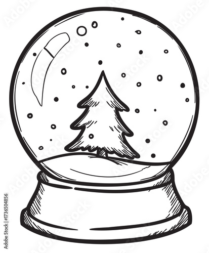 Hand-drawn snow globe with pine tree and falling snowflakes – retro hand drawn illustration