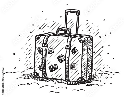 Vintage suitcase illustration in snowy weather with stickers – retro hand drawn illustration