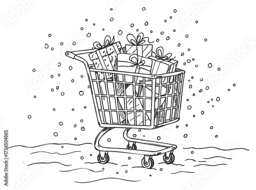 Shopping cart overflowing with wrapped gifts in snowy setting – retro hand drawn illustration