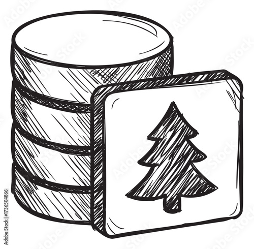 Hand-drawn data storage concept with evergreen tree on square tile – retro hand drawn illustration