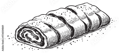 Hand-drawn black and white pastry roll illustration with detailed texture – retro hand drawn illustration