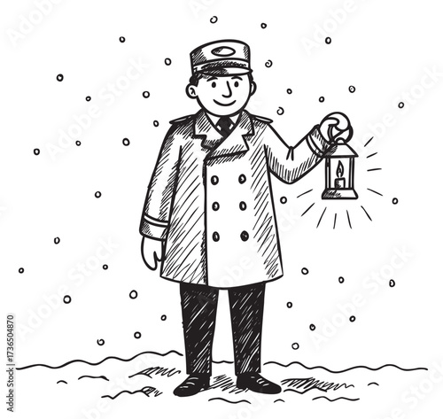 Cartoon male conductor holding lantern in snowy winter scene – retro hand drawn illustration