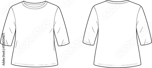 Half sleeve t-shirt fashion flat sketch vector illustration front and back view simple round neck casual apparel design template