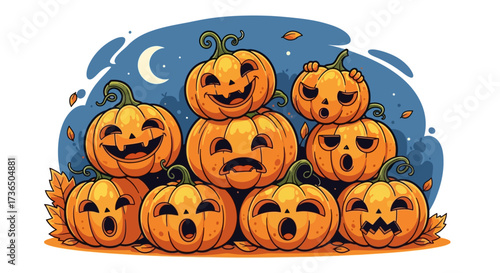 A whimsical illustration featuring a collection of carved pumpkins with various emotive expressions, stacked together under a night sky.