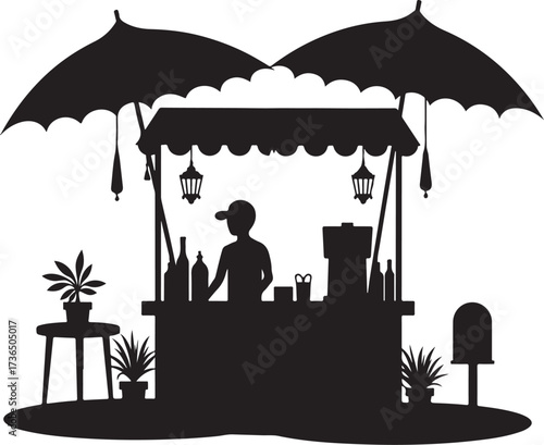 Silhouette of a market stall with vendor and umbrellas
