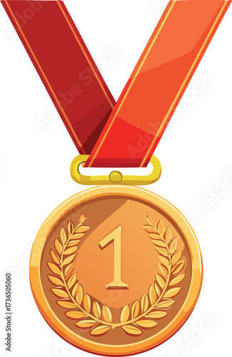 A close-up illustration of a gold medal with a red ribbon, featuring the number '1' prominently displayed within a laurel wreath.
