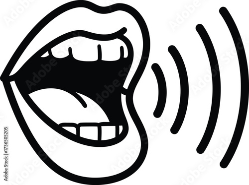 A black and white illustration of an open mouth with sound waves emanating from it, symbolizing speech or sound.