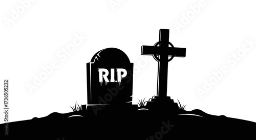 Silhouette illustration of a tombstone with "RIP" and a cross on a small hill against a white background.