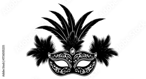 Ornate black masquerade mask with feathers and decorative swirls, isolated on a white background.