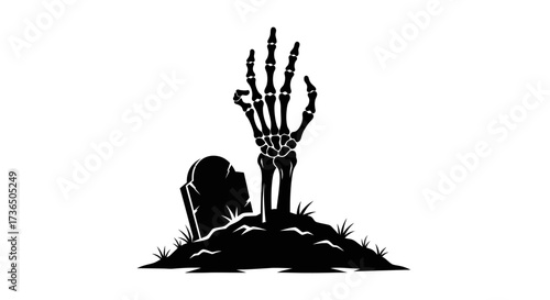 A skeleton hand rises from a grave next to a tombstone, set against a white background.