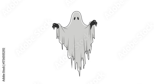 Cartoon ghost with outstretched arms, draped in a white sheet, isolated on a white background.