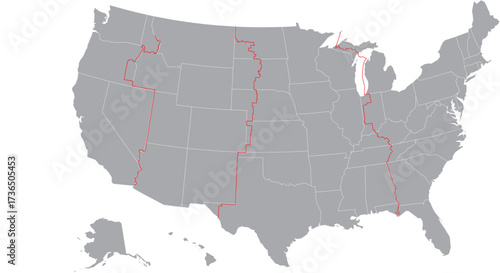 USA Time Zones Lines on a Grey Map Editable