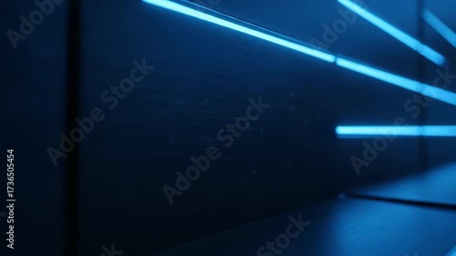 Neon Blue Lines on Dark Panels - A close-up shot showcases dark blue panels illuminated by bright neon blue lines. The lines create a futuristic aesthetic against the textured surface of the panels.