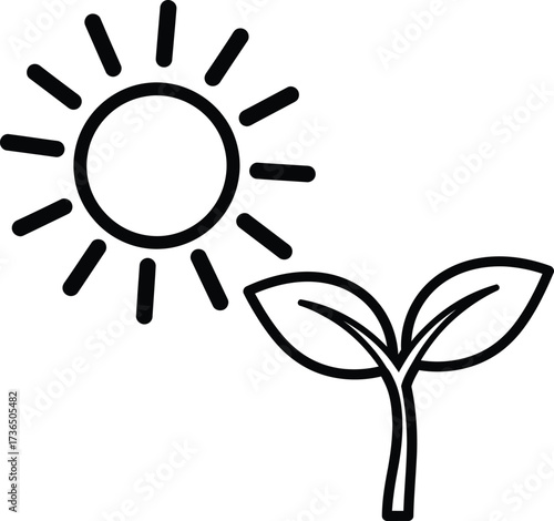 A simple line drawing of a sun shining brightly on a small green sprout with two leaves.