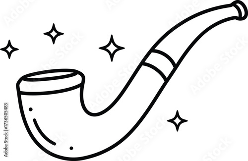 A simple, clean line drawing of a classic smoking pipe with a curved stem and a bowl, surrounded by sparkling stars.