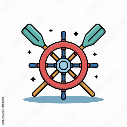 Ship Wheel and Oars Isolated Illustration for Nautical Theme Decoration and Marine Adventure Elements Vector Graphic