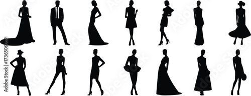 Fashion silhouettes, formal and semi-formal attire, stylish poses, black icons, diverse outfits, elegant figures, wardrobe variety, runway stance, accessory detail