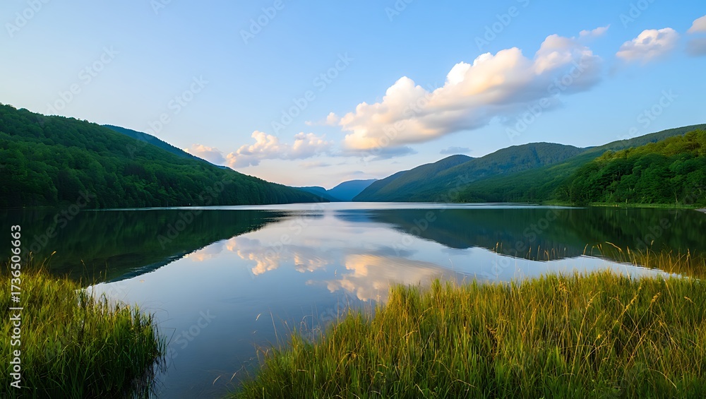Naklejka premium Scenic Lake Reflection Landscape Surrounded by Forest and Mountains Under Sky