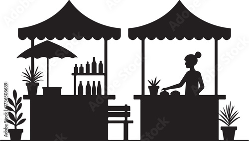 Black silhouette of two market stalls with vendor and products